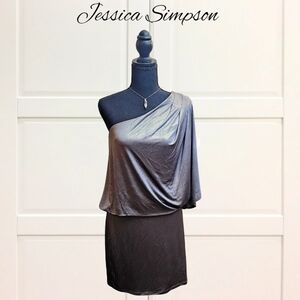 Jessica Simpson Elegant One-Shoulder Drap Dress Metallic Grey Shimmering Gold